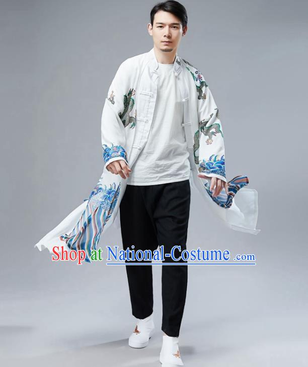 Chinese National Printing Dragon White Chiffon Coat Traditional Tang Suit Outer Garment Overcoat Costume for Men