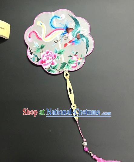 China Traditional Hanfu Fan Embroidered Phoenix Peony Silk Fan Handmade Palace Fan Suzhou Embroidery Craft