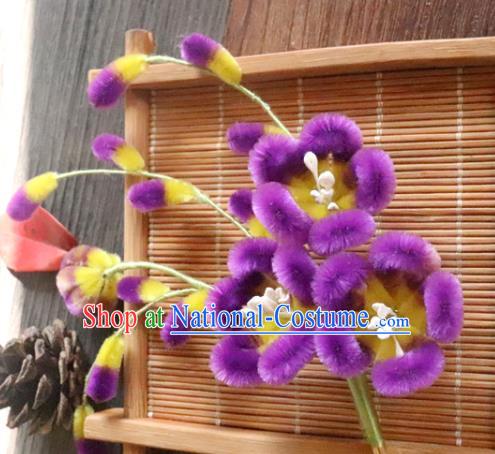 China Classical Hanfu Purple Plum Blossom Hairpin Traditional Ancient Palace Lady Velvet Flowers Hair Stick