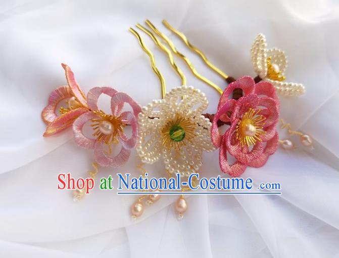 China Ming Dynasty Beads Plum Hairpin Traditional Hanfu Hair Accessories Ancient Princess Silk Flowers Hair Comb