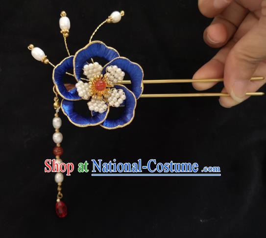 China Ming Dynasty Blue Silk Peony Hairpin Traditional Hanfu Hair Accessories Ancient Princess Pearls Tassel Hair Stick