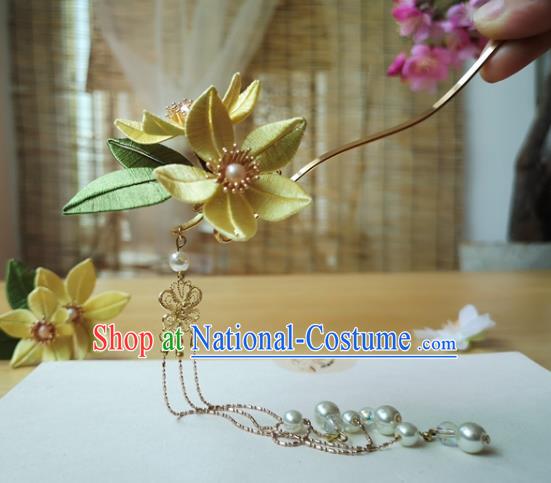 China Ming Dynasty Tassel Hair Stick Traditional Hanfu Hair Accessories Ancient Princess Yellow Silk Flower Hairpin
