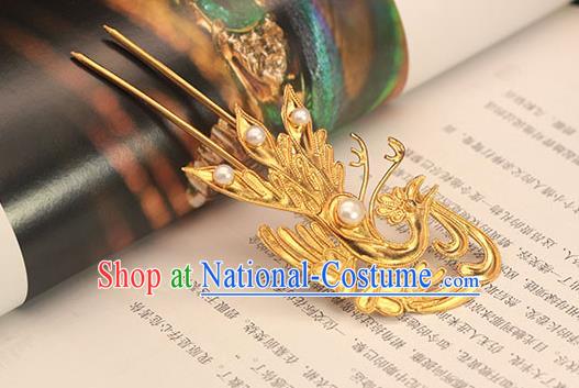 China Traditional Ming Dynasty Golden Phoenix Hairpin Hair Accessories Ancient Empress Pearls Hair Stick