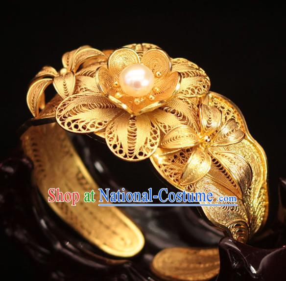 Handmade Chinese Ancient Palace Golden Bangle Jewelry Traditional Ming Dynasty Court Pearl Bracelet