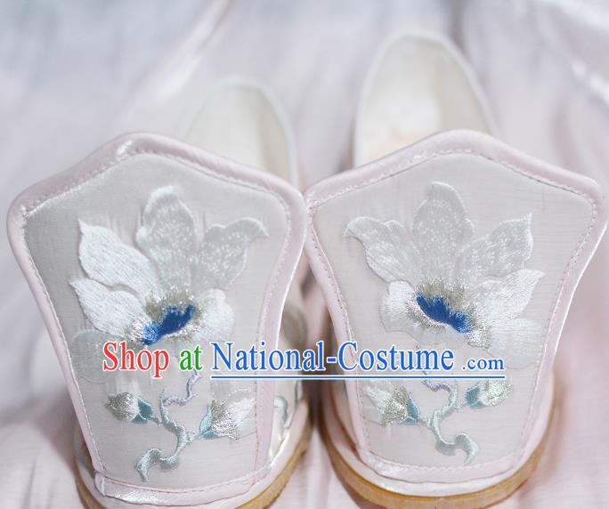 Handmade Chinese Traditional Hanfu Shoes Embroidered Mangnolia Shoes Princess Shoes Light Pink Satin Shoes