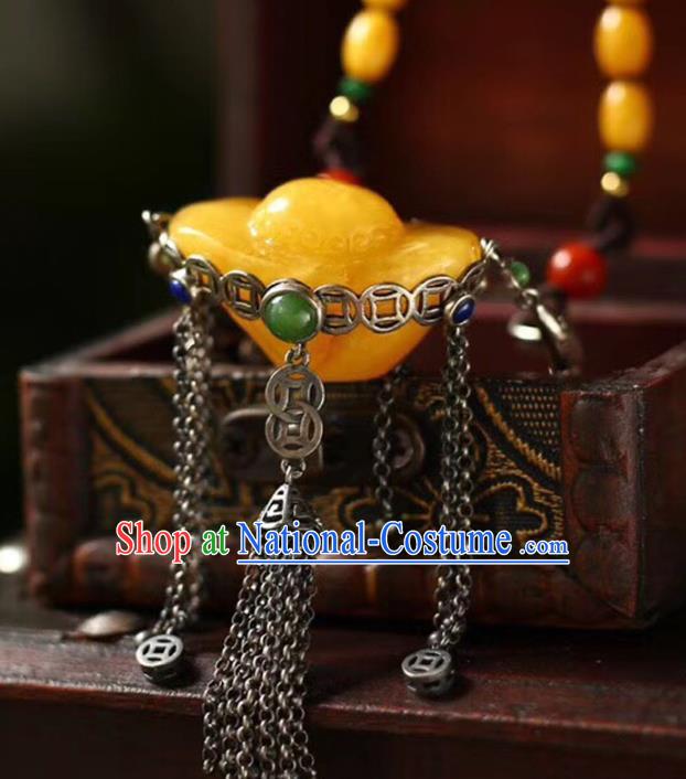Chinese Classical Beeswax Golden Ingot Necklet Pendant Handmade Accessories National Silver Tassel Necklace