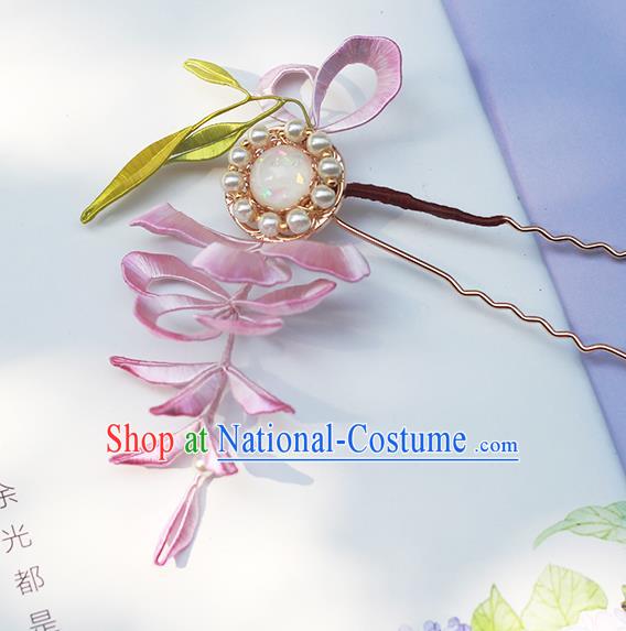 Chinese Traditional Pearls Hair Stick Hanfu Hair Accessories Handmade Classical Pink Silk Wisteria Hairpin