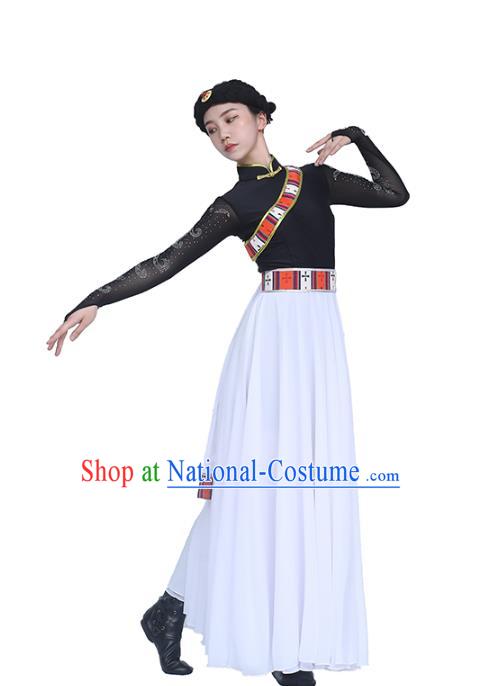 China Traditional Zang Nationality Folk Dance Clothing Tibetan Ethnic Black Blouse and White Skirt Outfits