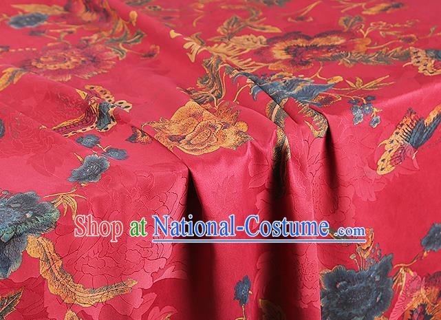 Chinese Traditional Brocade Cloth Cheongsam Red Silk Fabric Classical Peony Butterfly Pattern Gambiered Guangdong Gauze Drapery