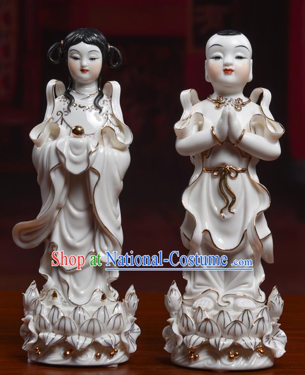 Chinese De Hua Ceramic Craft Handmade Dragon Girl Hong Hai Er Porcelain Statues