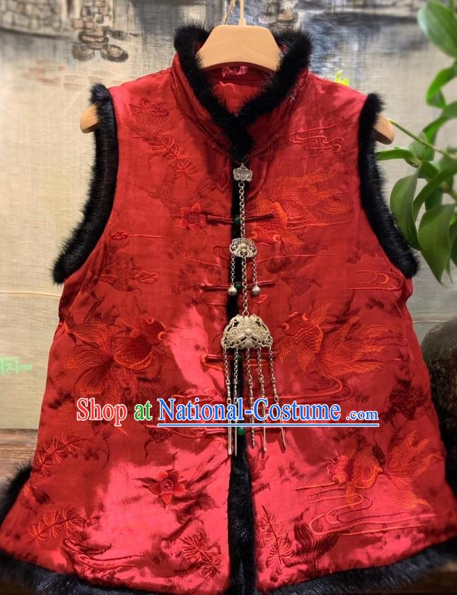 China Embroidered Goldfish Cotton Wadded Vest Tang Suit Red Silk Waistcoat National Female Clothing