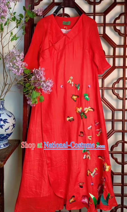 Chinese Traditional Clothing Embroidered Butterfly Long Qipao Dress National Red Flax Cheongsam