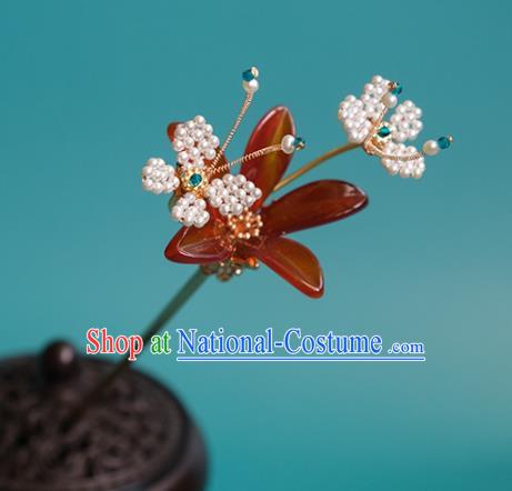 China Handmade Red Flower Hairpin Classical Hanfu Beads Butterfly Hair Stick Traditional Ming Dynasty Princess Hair Accessories