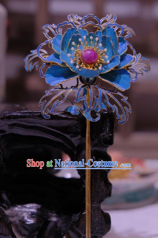 Chinese Traditional Hair Jewelry Ancient Empress Ruby Hair Stick Qing Dynasty Empress Blueing Peony Hairpin