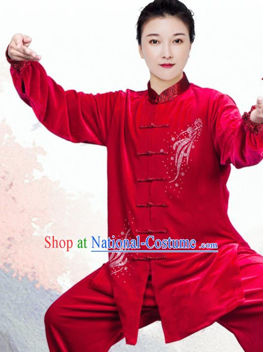 China Tai Chi Costumes Traditional Kung Fu Red Velvet Uniforms Tai Ji Training Clothing