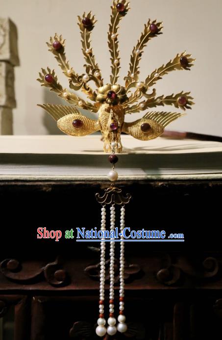 Chinese Handmade Pearls Long Tassel Hairpin Traditional Hair Jewelry Ancient Ming Dynasty Empress Golden Phoenix Hair Crown