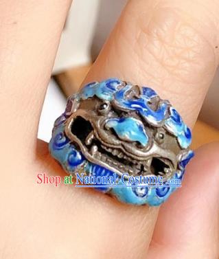 Chinese National Blueing Silver Ring Jewelry Traditional Handmade Accessories Retro Carving Lion Circlet