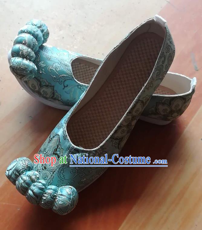 China Ancient Princess Shoes Classical Blue Brocade Shoes Traditional Song Dynasty Hanfu Shoes
