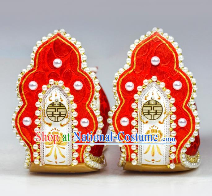 China Hanfu Wedding Shoes Traditional Song Dynasty Princess Pearls Shoes Classical Red Brocade Shoes