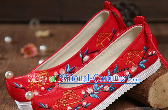 China Ancient Bride Shoes Traditional Wedding Hanfu Shoes Embroidered Red Satin Shoes
