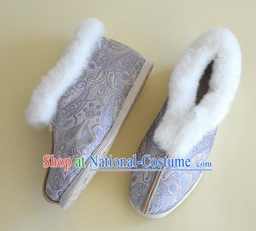 China National Winter Cotton Padded Shoes Hanfu Short Boots Traditional Lilac Brocade Shoes