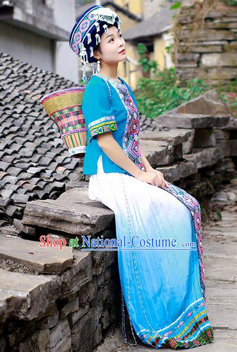Chinese Ethnic Folk Dance Blue Dress Outfits Tujia Nationality Young Woman Clothing and Headwear