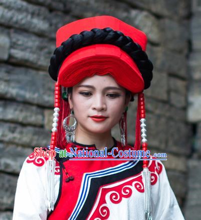 China Traditional Yi Nationality Tassel Red Hat Liangshan Ethnic Minority Tile Headwear for Women