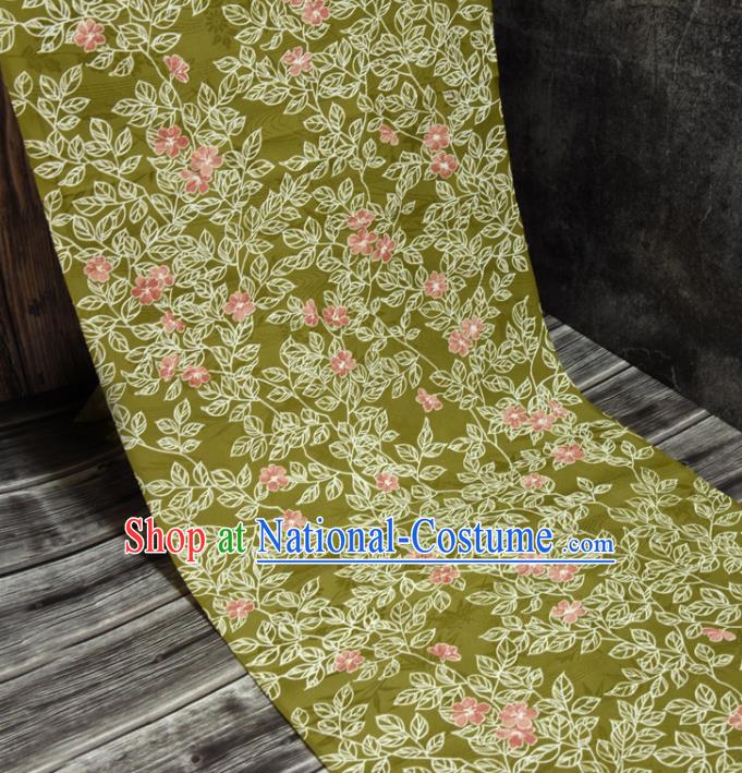 Traditional Japanese Kimono Olive Green Silk Fabric Asian Japan Classical Leaf Pattern Wafuku Brocade Tapestry