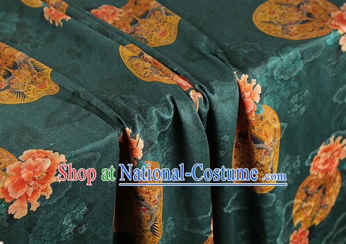China Classical Gambiered Guangdong Gauze Drapery Traditional Cheongsam Peony Pattern Deep Green Silk Fabric