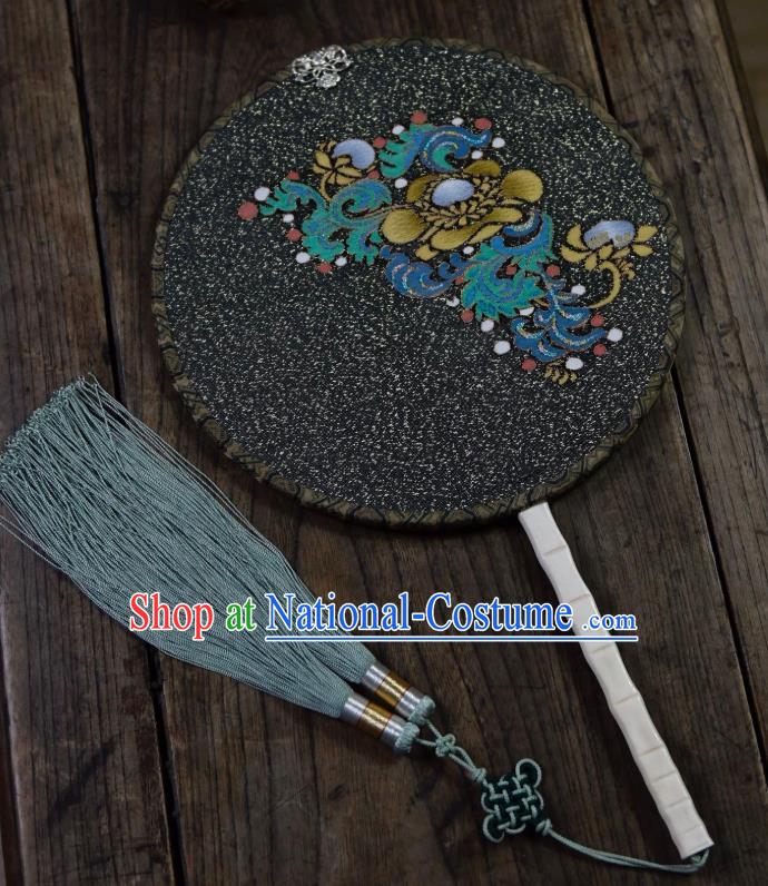 China Handmade Palace Fan Ancient Ming Dynasty Court Lady Circular Fan Traditional Black Silk Fan