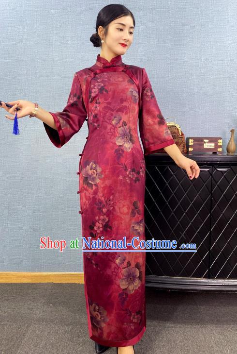Asian Chinese Traditional Purple Silk Qipao Dress Classical Camellia Pattern Cheongsam Costume