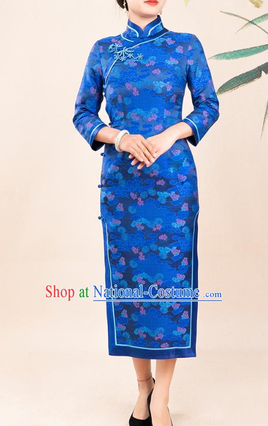 Asian Chinese Traditional Wedding Mother Song Brocade Qipao Dress Classical Royalblue Silk Cheongsam Costume