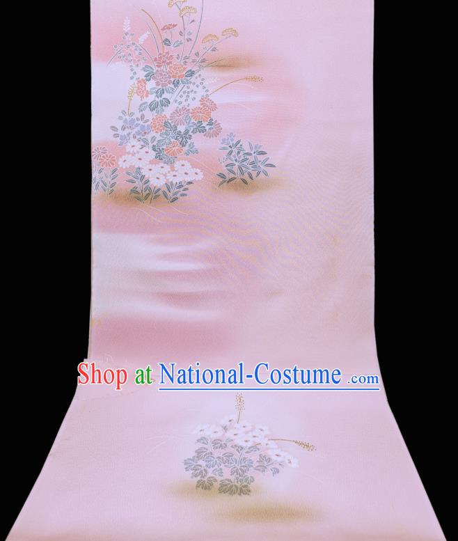 Asian Traditional Drapery Japan Kimono Printing Chrysanthemum Pink Brocade Japanese Silk Fabric