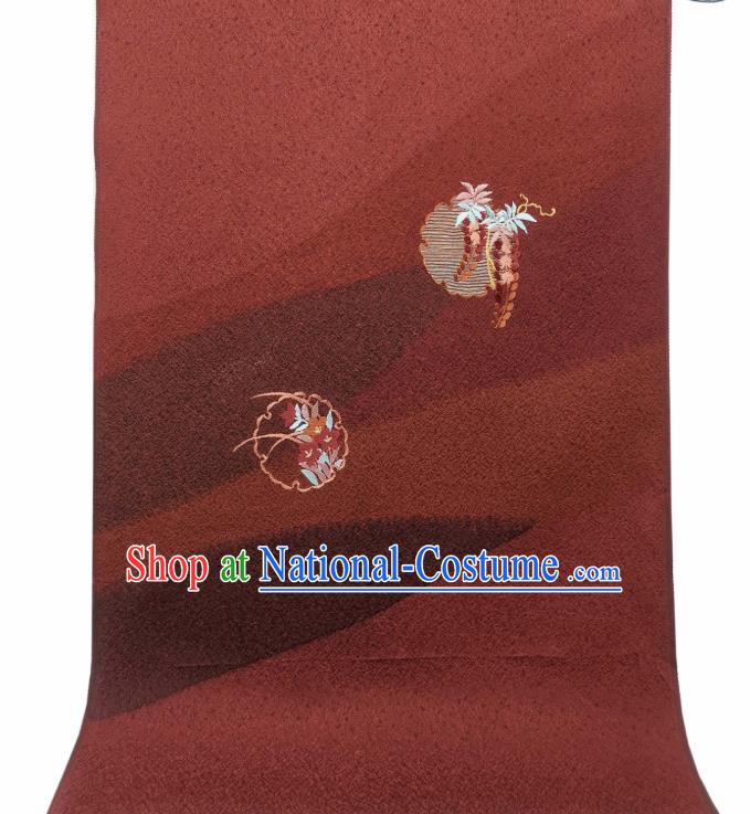 Asian Japan Embroidered Wisteria Brownish Red Brocade Traditional Silk Fabric Japanese Kimono Tapestry Drapery