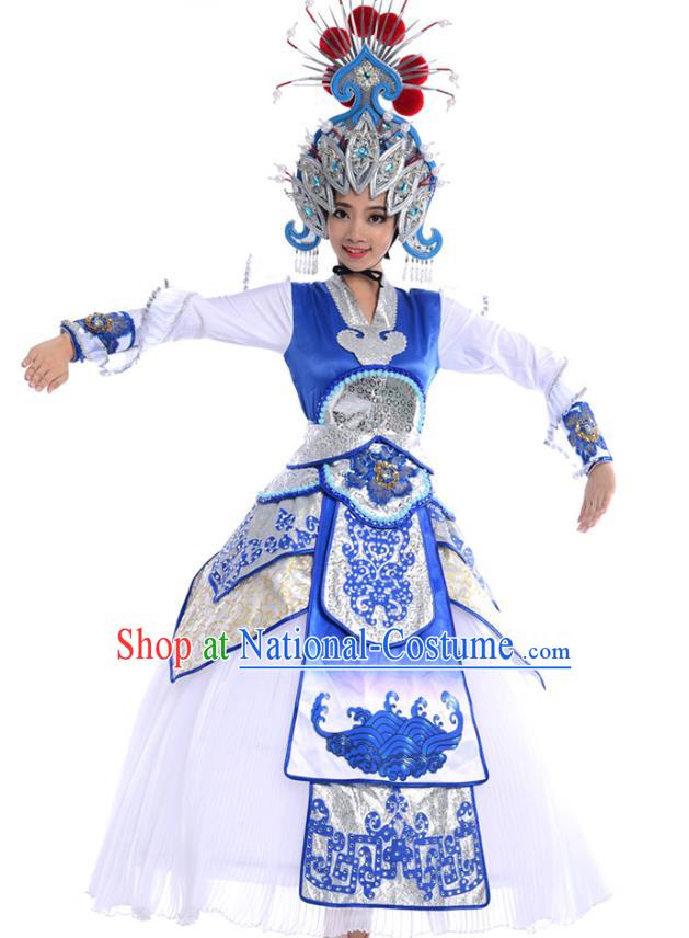 China Beijing Opera Stage Performance Actress Costume Traditional Peking Opera Blues White Dress