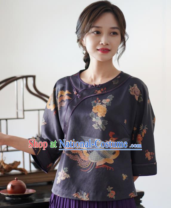 China National Women Clothing Classical Phoenix Peony Pattern Purple Silk Blouse Tang Suit Top Shirt