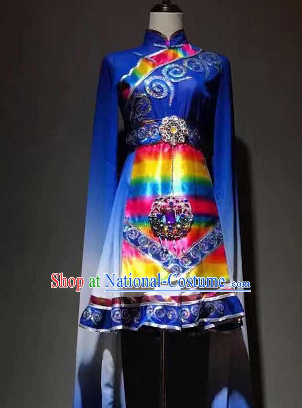 Chinese Zang Nationality Folk Dance Costumes Tibetan Ethnic Minority Stage Performance Royalblue Dress Outfits