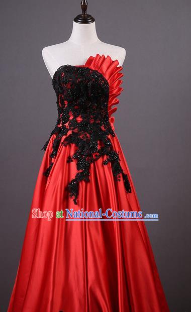 Top Grade Chorus Compere Costume Wedding Red Satin Full Dress