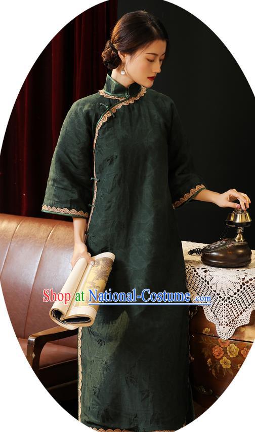 Chinese Traditional Dark Green Cheongsam Classical Wide Sleeve Qipao Dress National Rich Mistress Costume