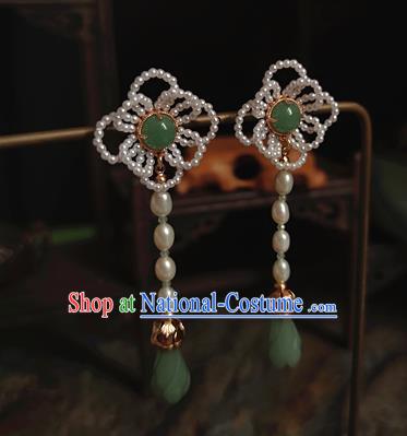 China Handmade Ancient Princess Pearls Earrings Jewelry Traditional Ming Dynasty Jade Mangnolia Ear Accessories