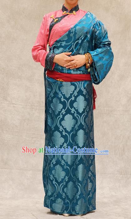China Ethnic Woman Stage Performance Costume Blue Brocade Tibetan Robe Zang Nationality Clothing