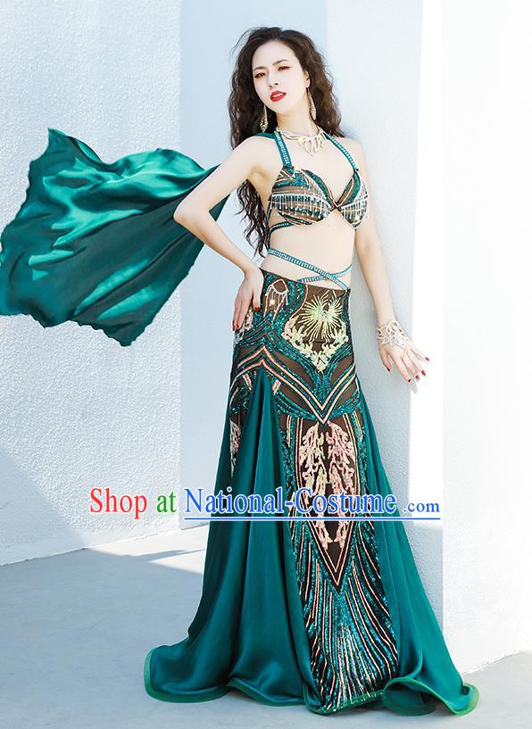 Traditional Oriental Dance Group Dance Clothing Asian Indian Belly Dance Luxury Outfits Bra and Green Skirt