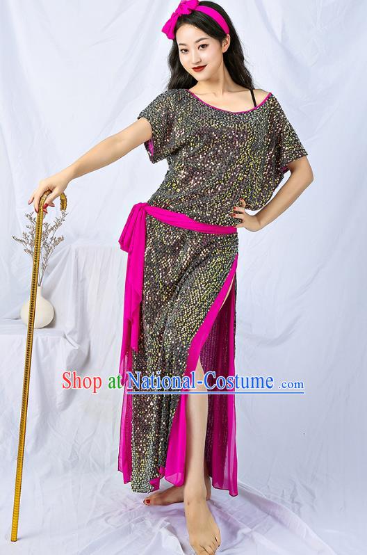 Asian Oriental Dance Grey Sequins Robe India Traditional Belly Dance Dress Clothing