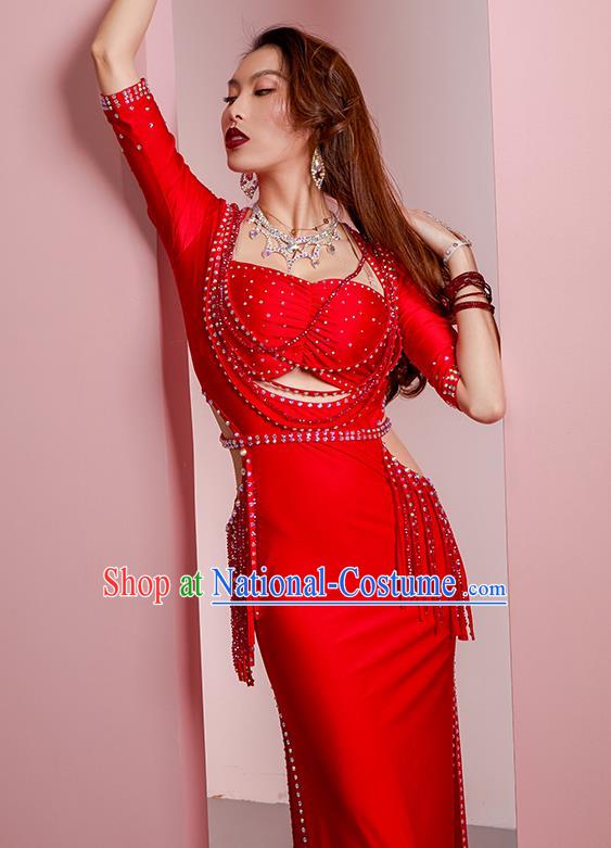 Asian Oriental Dance Raks Sharki Red Robe Outfits Professional Indian Belly Dance Training Clothing