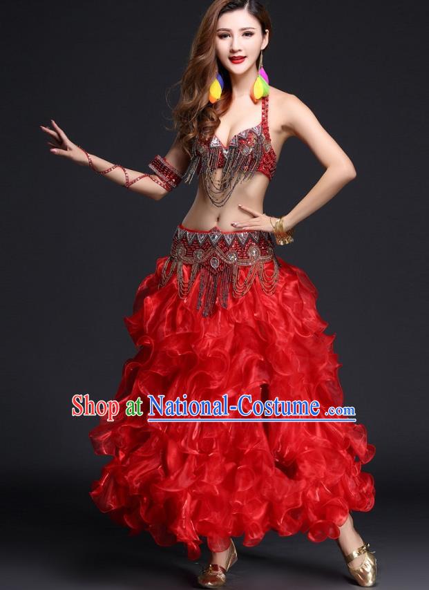 Indian Belly Dance Beads Tassel Bra and Red Skirt Outfits India Oriental Dance Performance Clothing