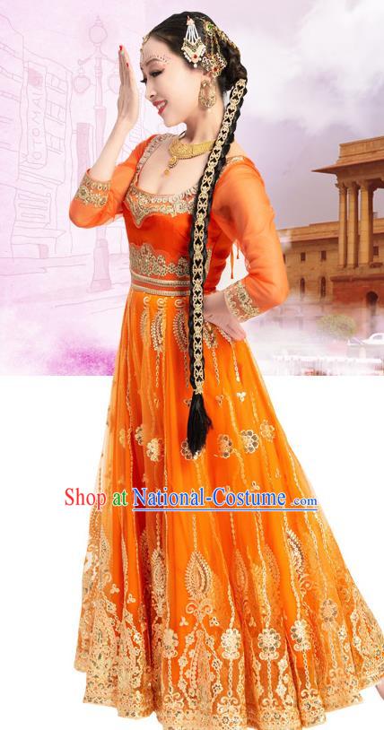 Asian India Stage Performance Embroidered Costumes Indian Bollywood Dance Orange Anarkali Dress