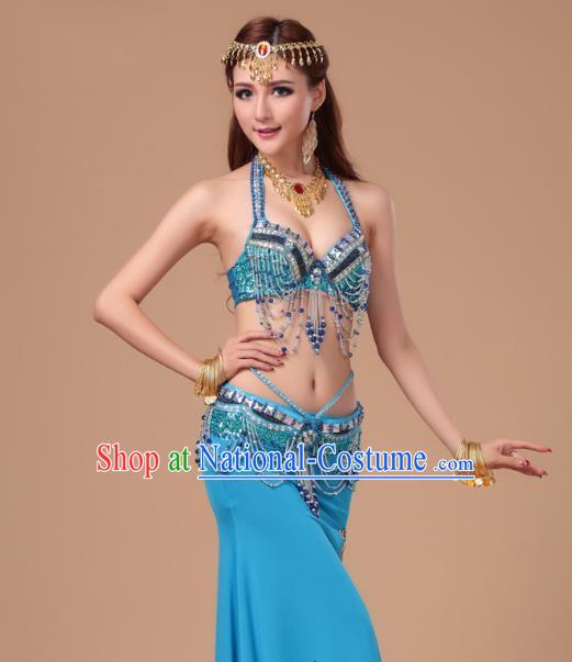 Top Belly Dance Clothing Asian Indian Oriental Dance Blue Uniforms Traditional Stage Performance Bra and Skirt