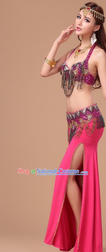 Indian Belly Dance Sexy Rosy Uniforms Top Asian Oriental Dance Performance Bra and Skirt Clothing