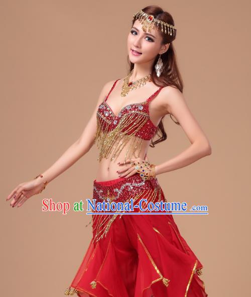 Top Asian Oriental Dance Bra and Pants Clothing Indian Belly Dance Training Red Uniforms