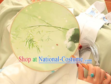 China Handmade Light Green Silk Circular Fan Traditional Printing Bamboo Palace Fan Classical Dance Fan